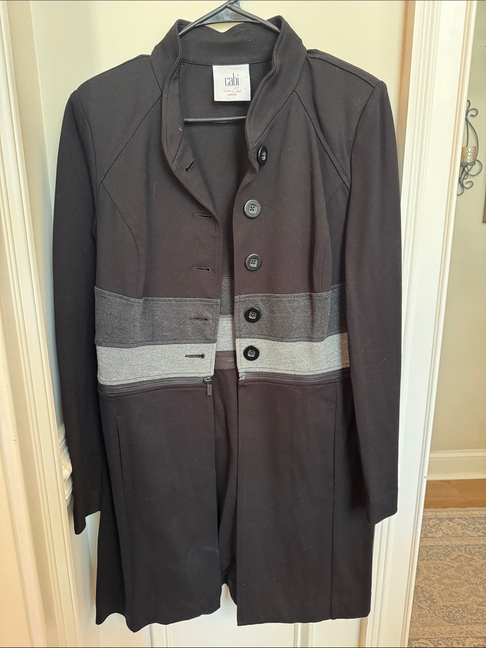 CAbi Black Trench Coat with Gray Contrast Bands
